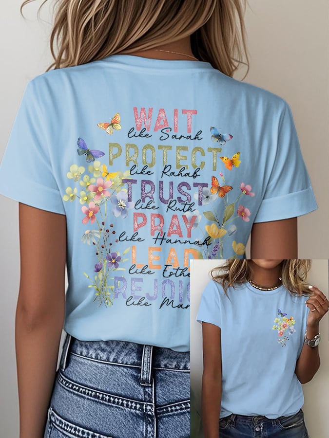 Women'S Casual Floral Faith Print Short Sleeve T-Shirt