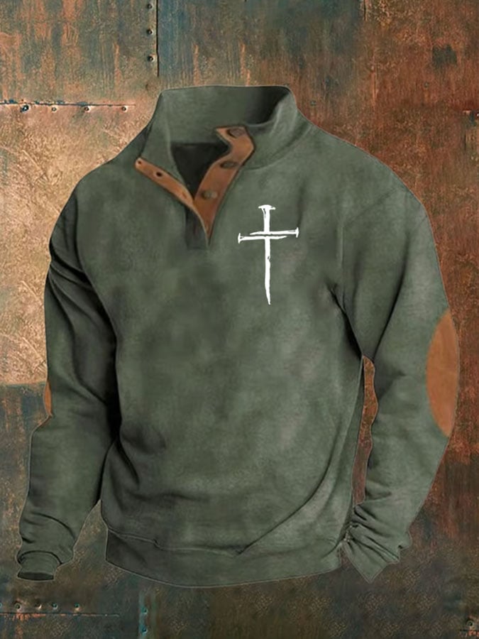 Men's Faith Cross Printed Stand Collar Button Sweatshirt