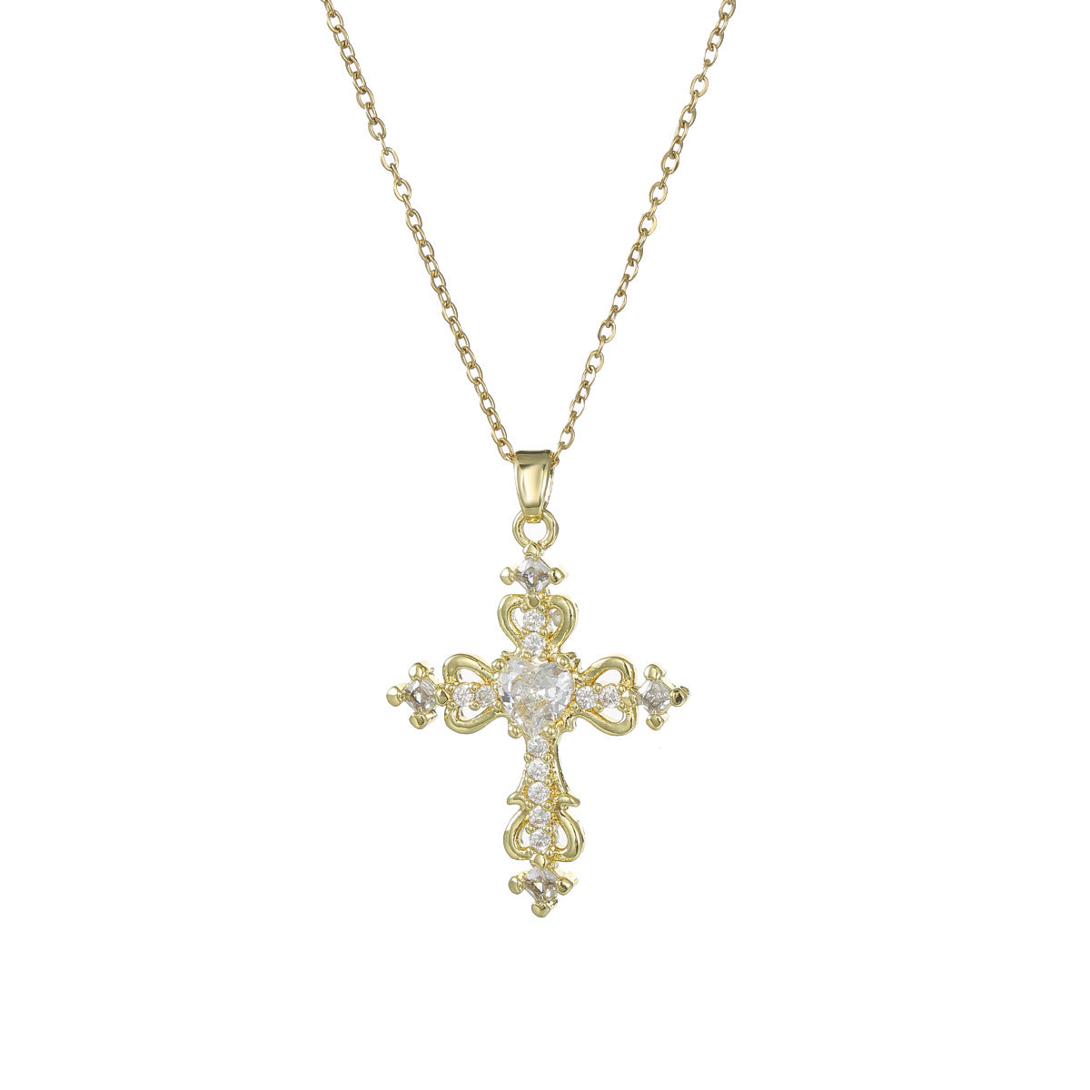 Women’s CZ Inlay Cross Necklace with Titanium Steel Chain