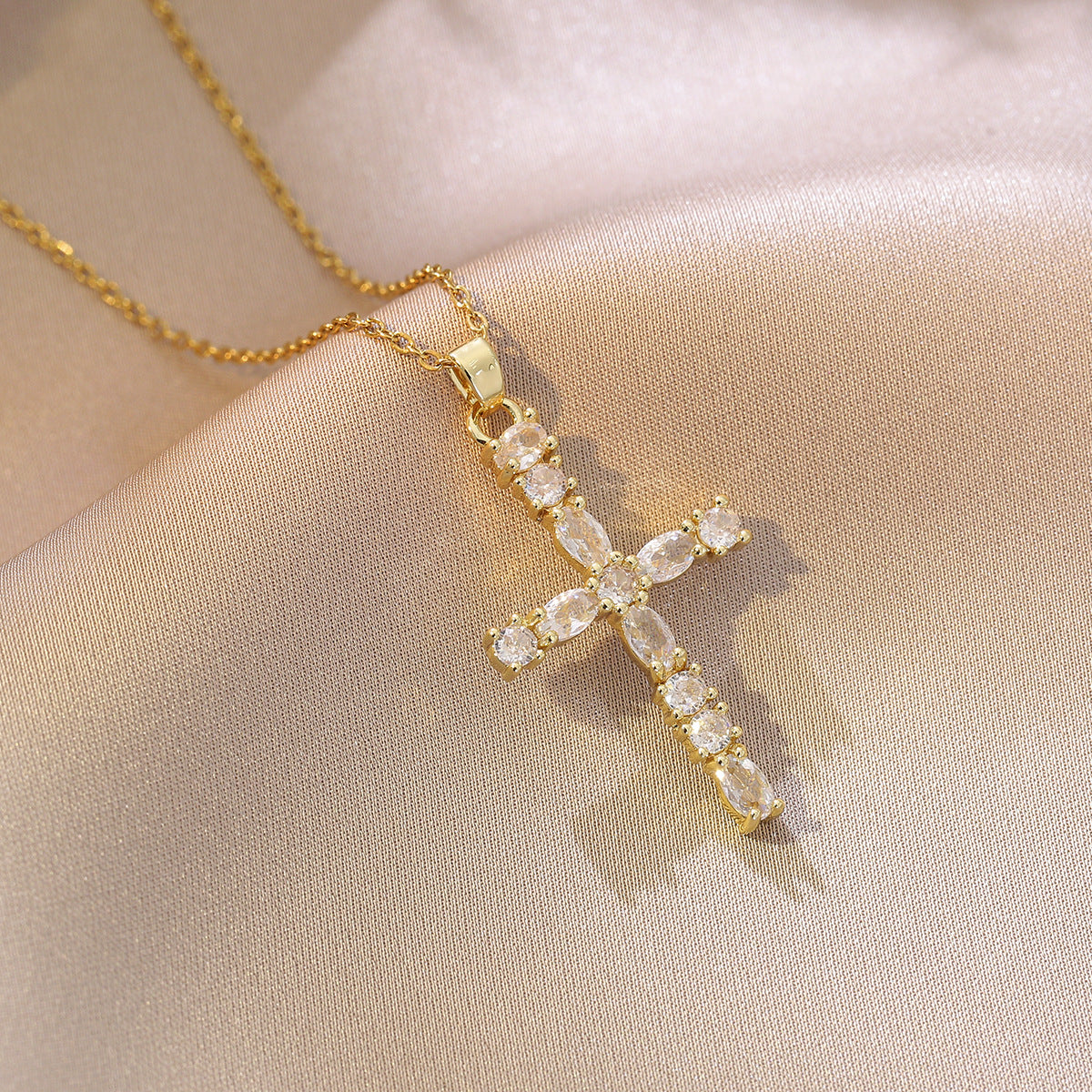 Women’s Cross Necklace Titanium Steel CZ Inlay Copper Pendant