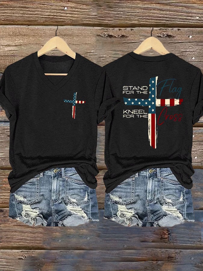 Women's Stand For The Flag Kneel For The Cross Printed Casual T-Shirt
