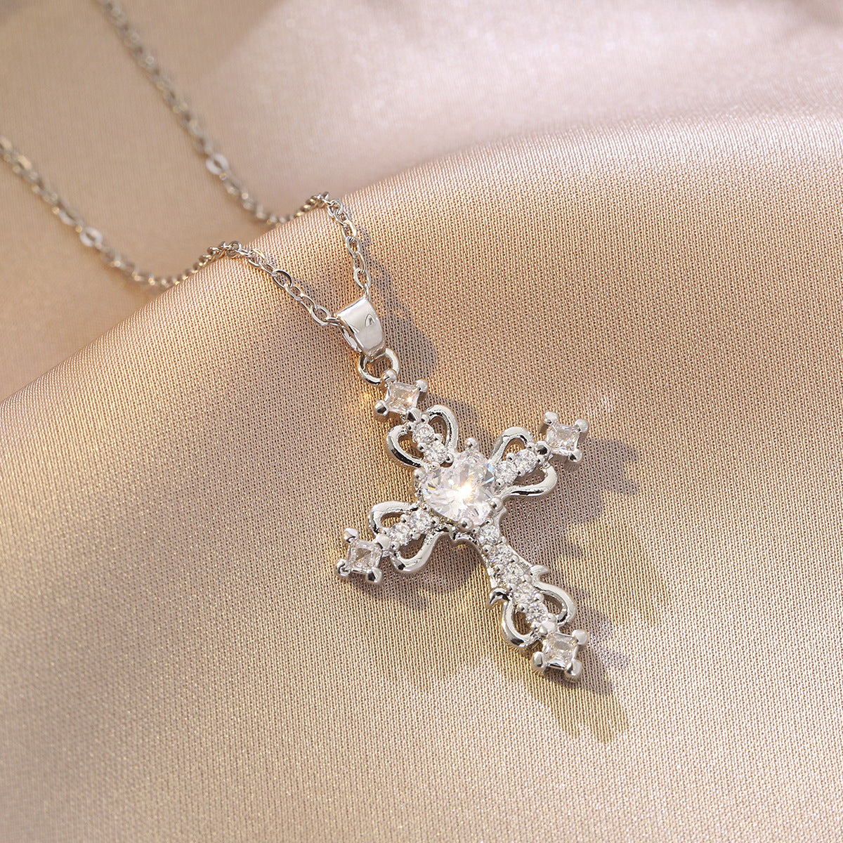 Women’s Titanium Steel Cross Necklace CZ Inlay Copper Design