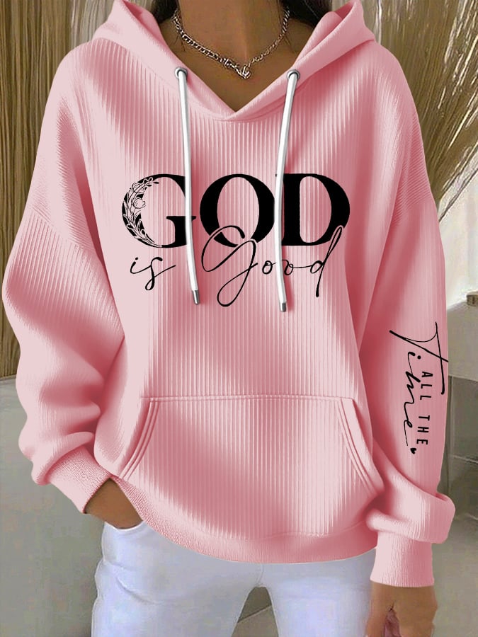 Women's casual retro God is good faith ribbed Hoodie