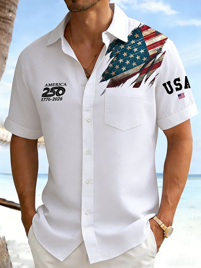 Men's 250th Anniversary National Flag Print Casual Pockets Shirt