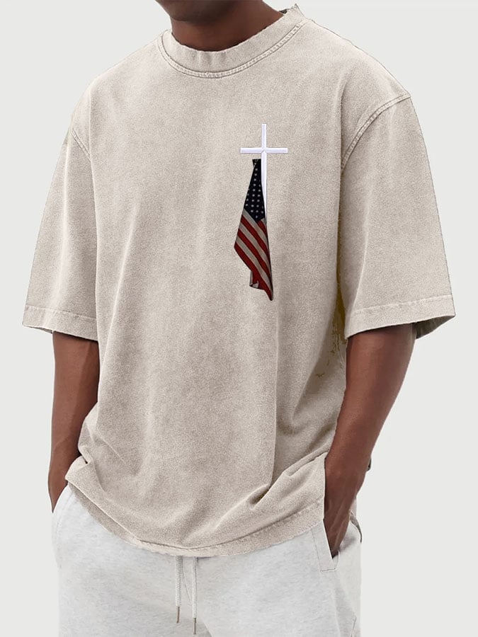 Men's Vintage Flag Cross Print Cotton Washed T-Shirt