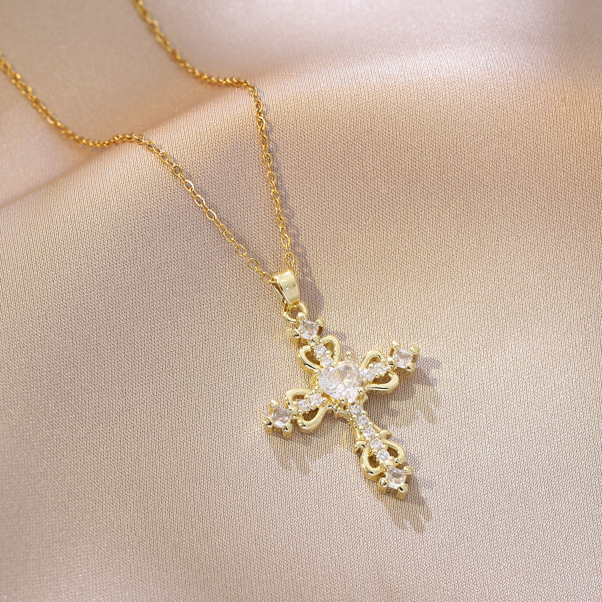 Women’s CZ Inlay Cross Necklace with Titanium Steel Chain