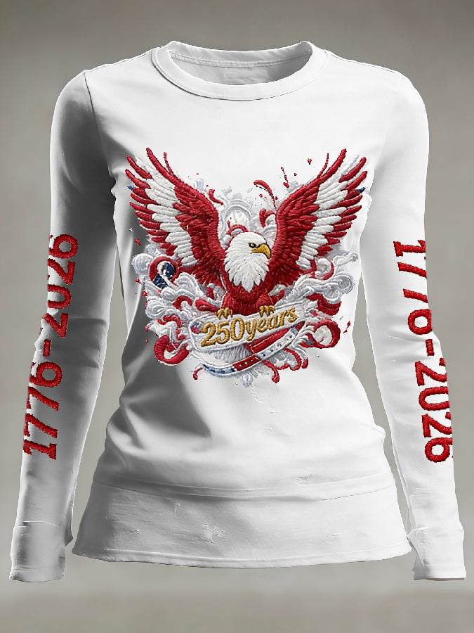 Women's casual long-sleeved T-shirt with 250th anniversary national flag and floral print.