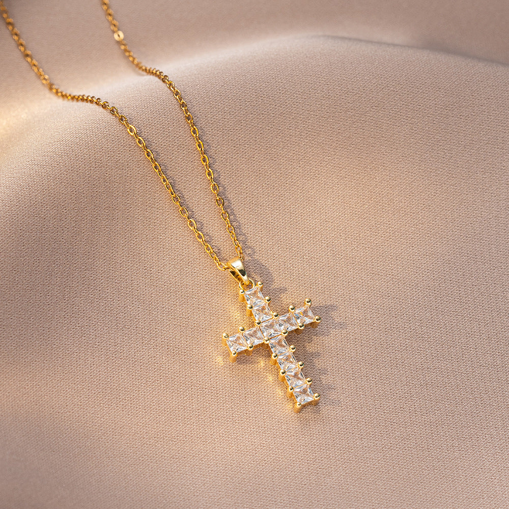 Women’s Elegant Cross Pendant Necklace with Titanium Steel O Chain