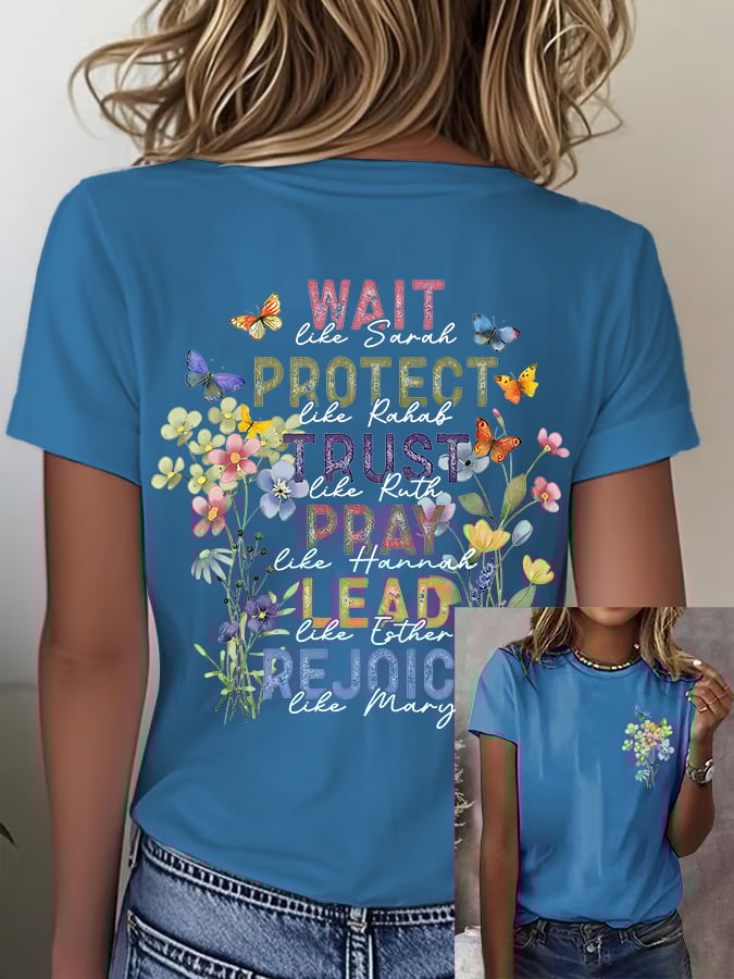 Women'S Casual Floral Faith Print Short Sleeve T-Shirt