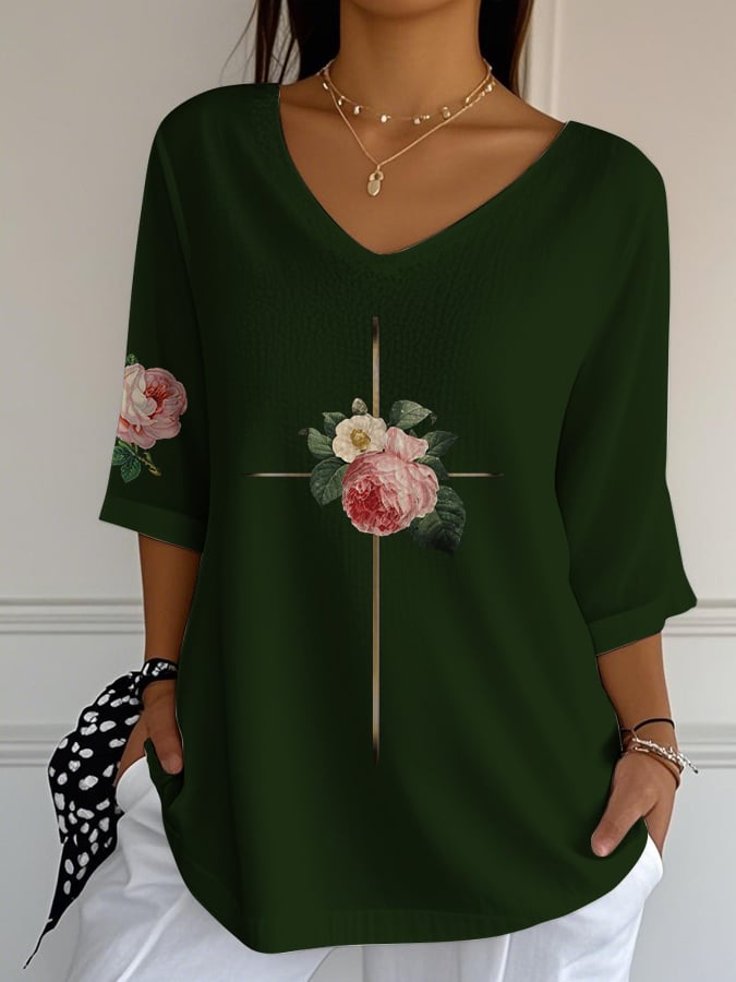 Women's Vintage Floral Metal Cross V-Neck T-Shirt