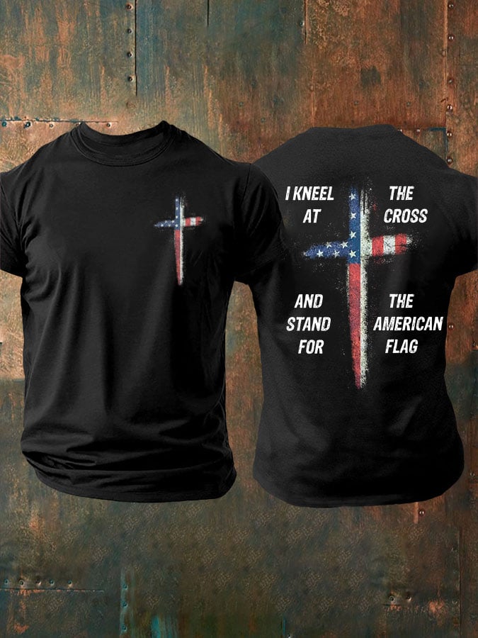 Men's Stand For The Flag Kneel For The Cross Printed Casual T-Shirt