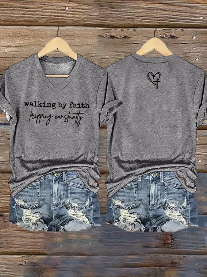 Women's Walking By Faith Tripping Constantly Print T-Shirt