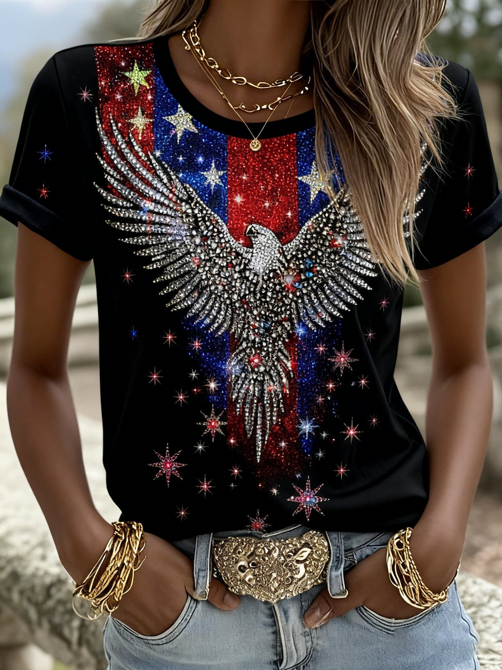 Women's America 250 – Sparkling Eagle Freedom Print T-Shirt