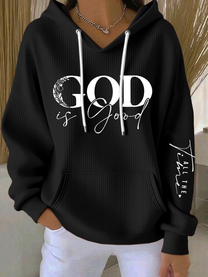 Women's casual retro God is good faith ribbed Hoodie