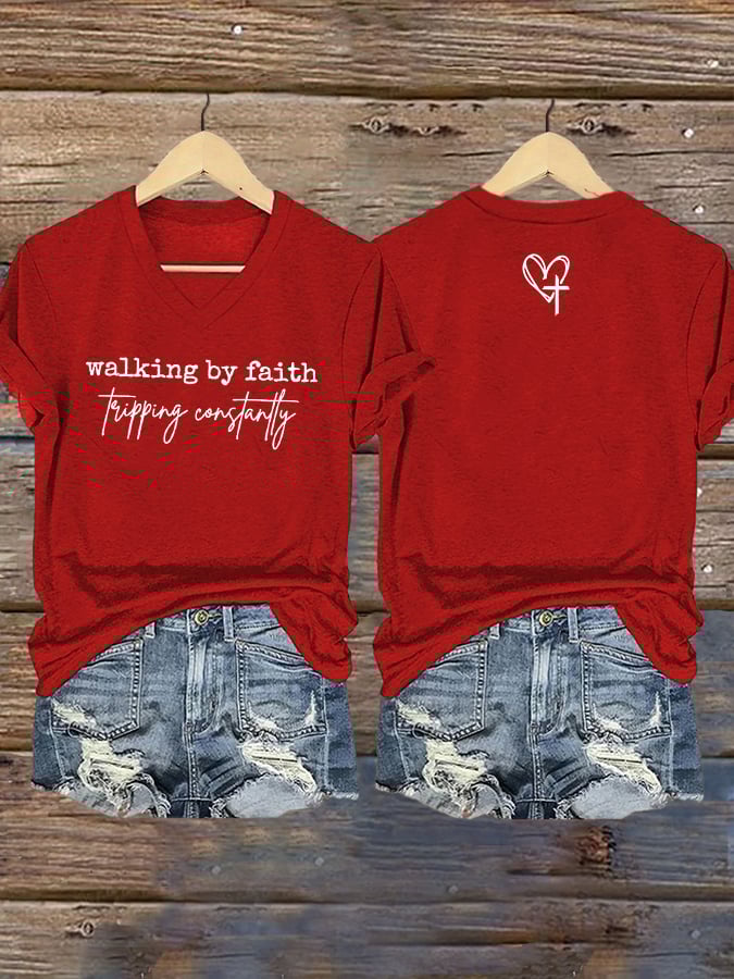 Women's Walking By Faith Tripping Constantly Print T-Shirt