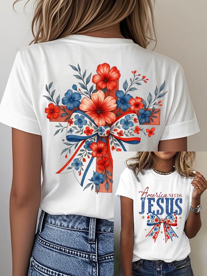 Women's Retro Faith“America Needs Jesusâ€?Printed Casual T-Shirt