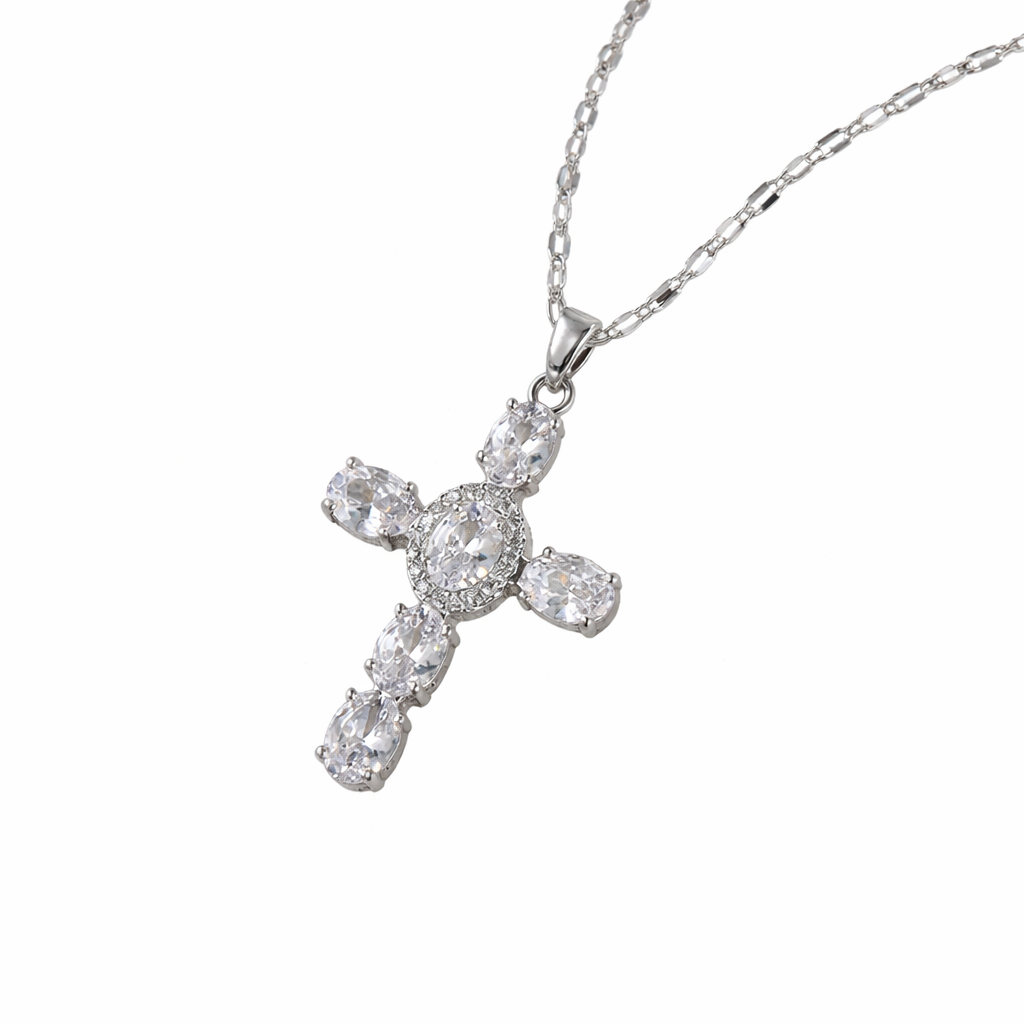 Women’s Gemstone Cross Necklace Faith Jewelry in Titanium Steel