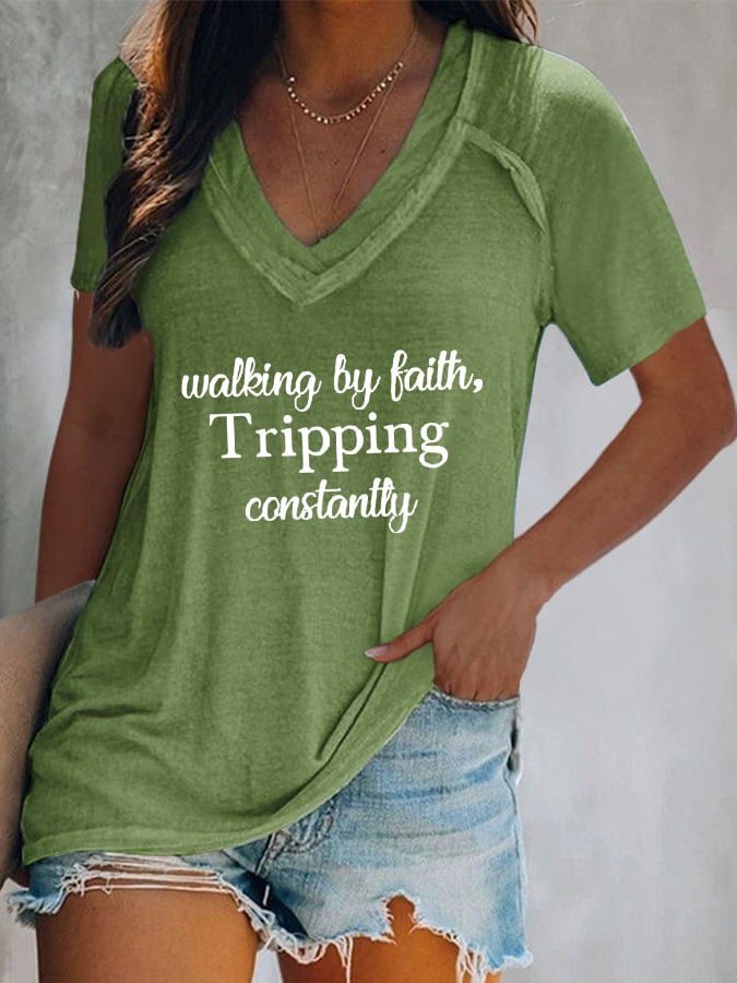 Women's Walking By Faith Tripping Constantly Print T-Shirt