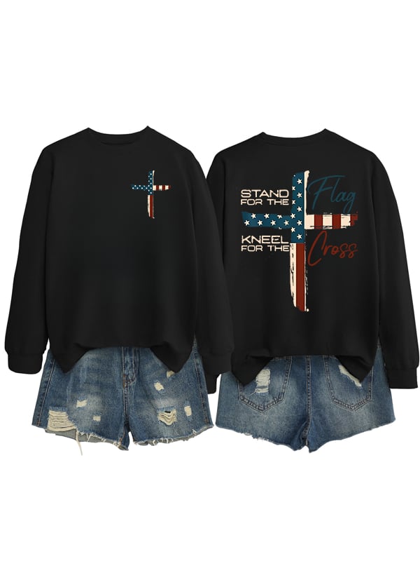Women's Stand For The Flag Kneel For The Cross Print Sweatshirt