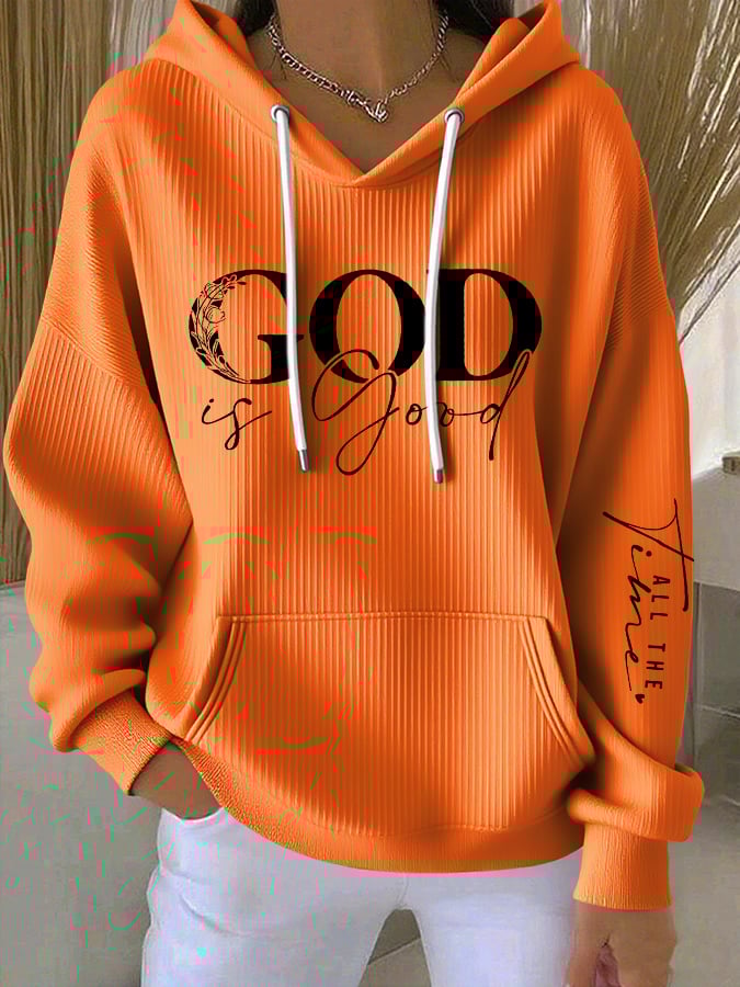 Women's casual retro God is good faith ribbed Hoodie