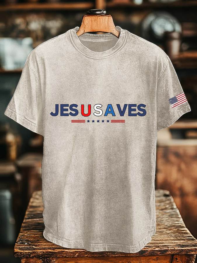 Men's Vintage USA Jesus Saves Printed Round Neck T-Shirt