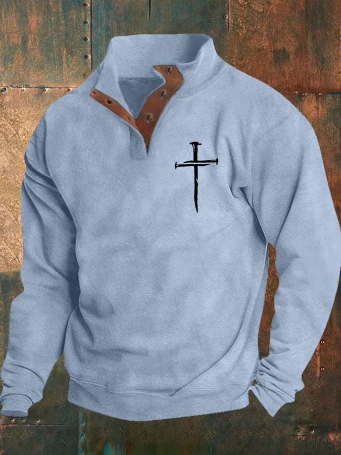Men's Faith Cross Printed Stand Collar Button Sweatshirt