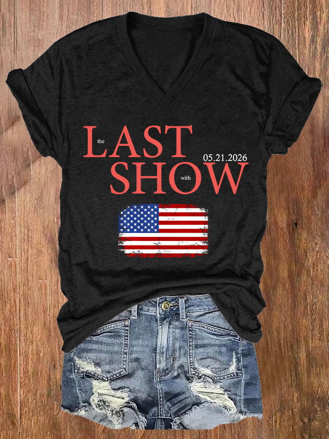 V-Neck Retro Last Show Print T-Shirt