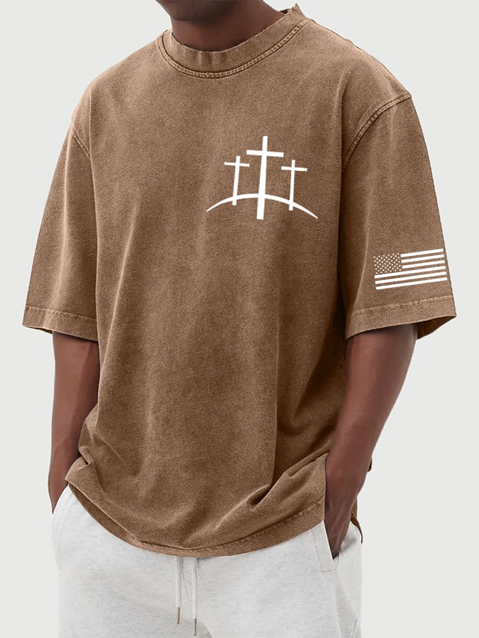 Men's Flag Faith Cross Printed Cotton Washed T-Shirt