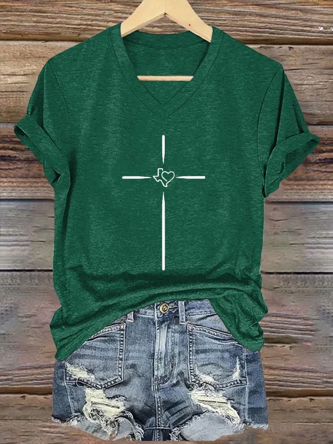 Women's Texas Faith Cross Printed Casual T-Shirt