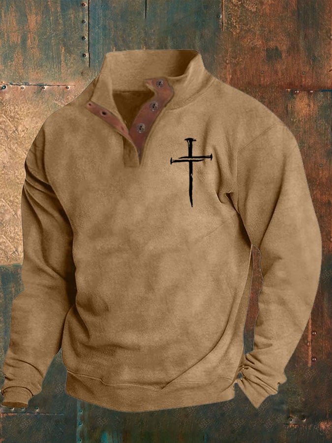 Men's Faith Cross Printed Stand Collar Button Sweatshirt