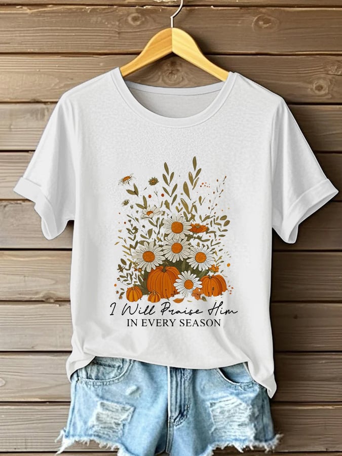 Women's Casual Autumn Faith Graphic Print Round Neck Short Sleeve T-Shirt