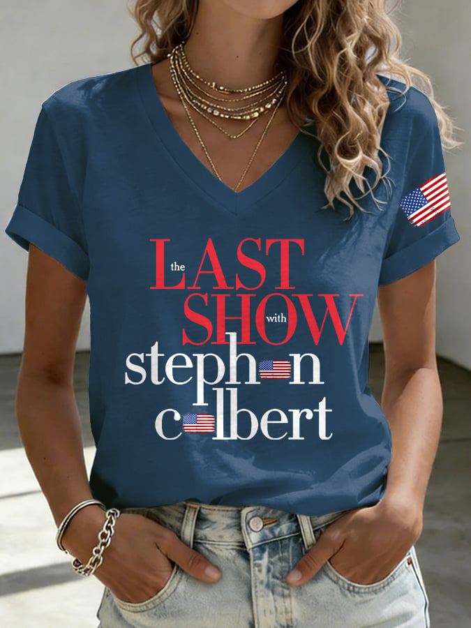 V-Neck Retro Last Show Print T-Shirt