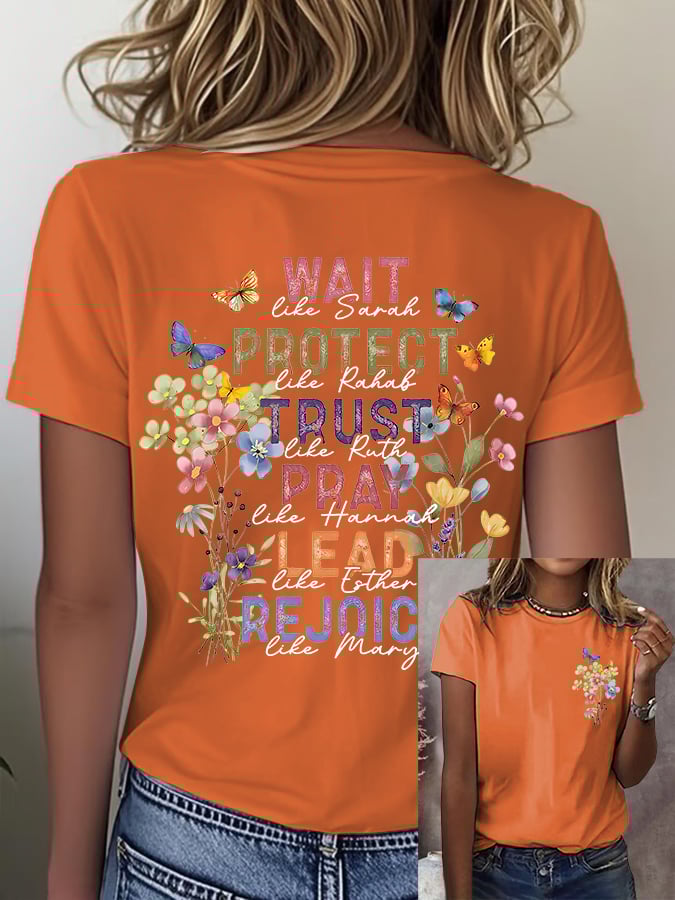 Women'S Casual Floral Faith Print Short Sleeve T-Shirt