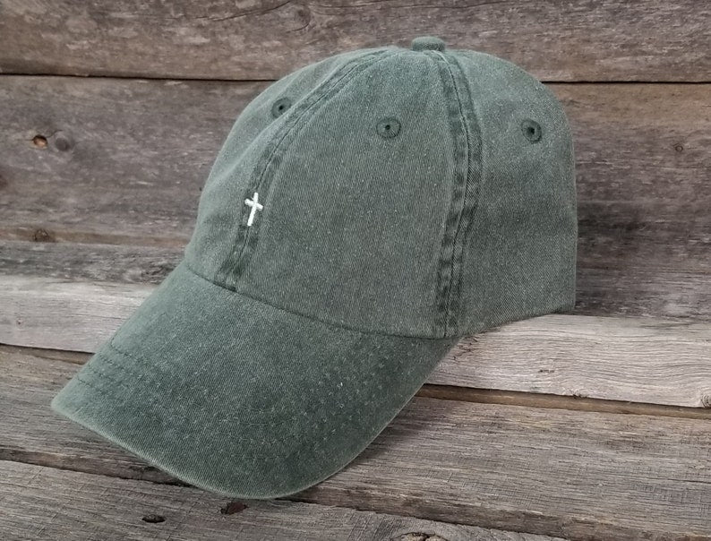 Pigment dyed dad hat with tiny embroidered cross, baseball hat, handwritten. Faith, Christian embroidered unstructured hat
