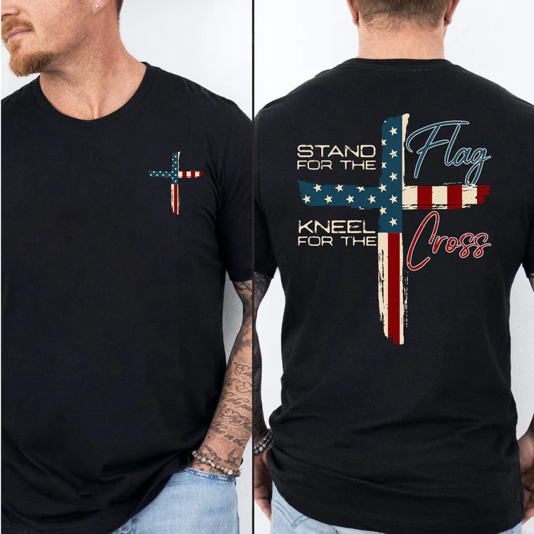 🙌Never bow down - Men's Stand For The Flag Kneel For The Cross Printed Casual T-Shirt