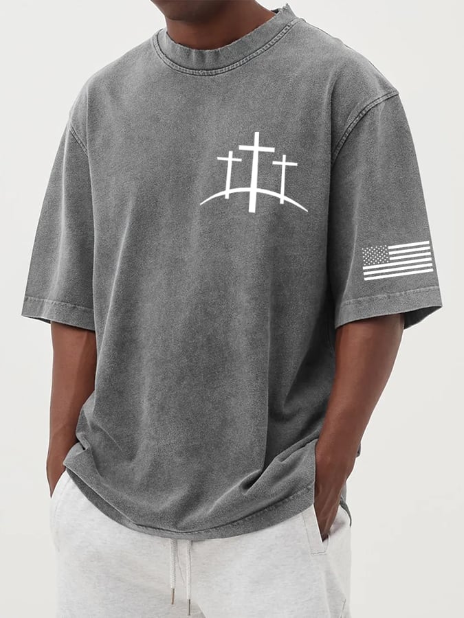 Men's Flag Faith Cross Printed Cotton Washed T-Shirt