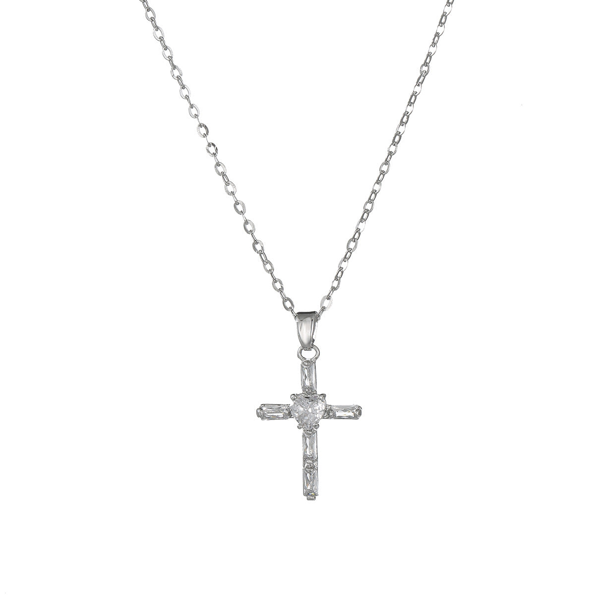 Women’s Titanium Steel CZ Inlay Cross Necklace Copper Pendant