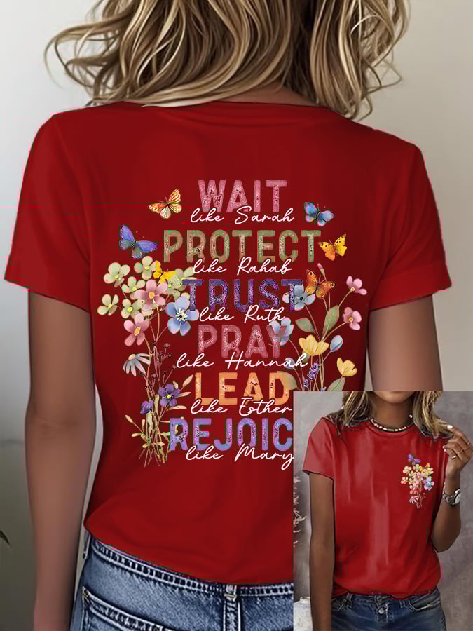 Women'S Casual Floral Faith Print Short Sleeve T-Shirt