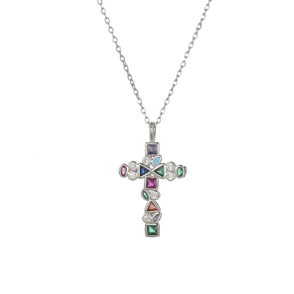 Women’s CZ Inlay Cross Pendant Necklace in Titanium Steel