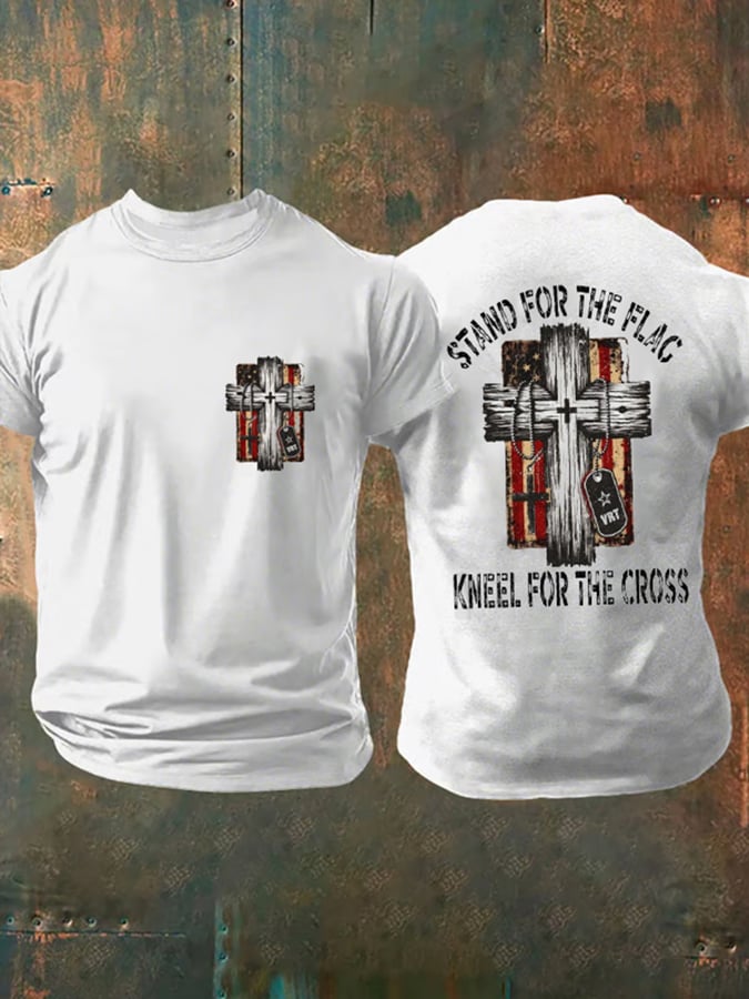 Men's Stand For The Flag Kneel For The Cross Printed Casual T-Shirt