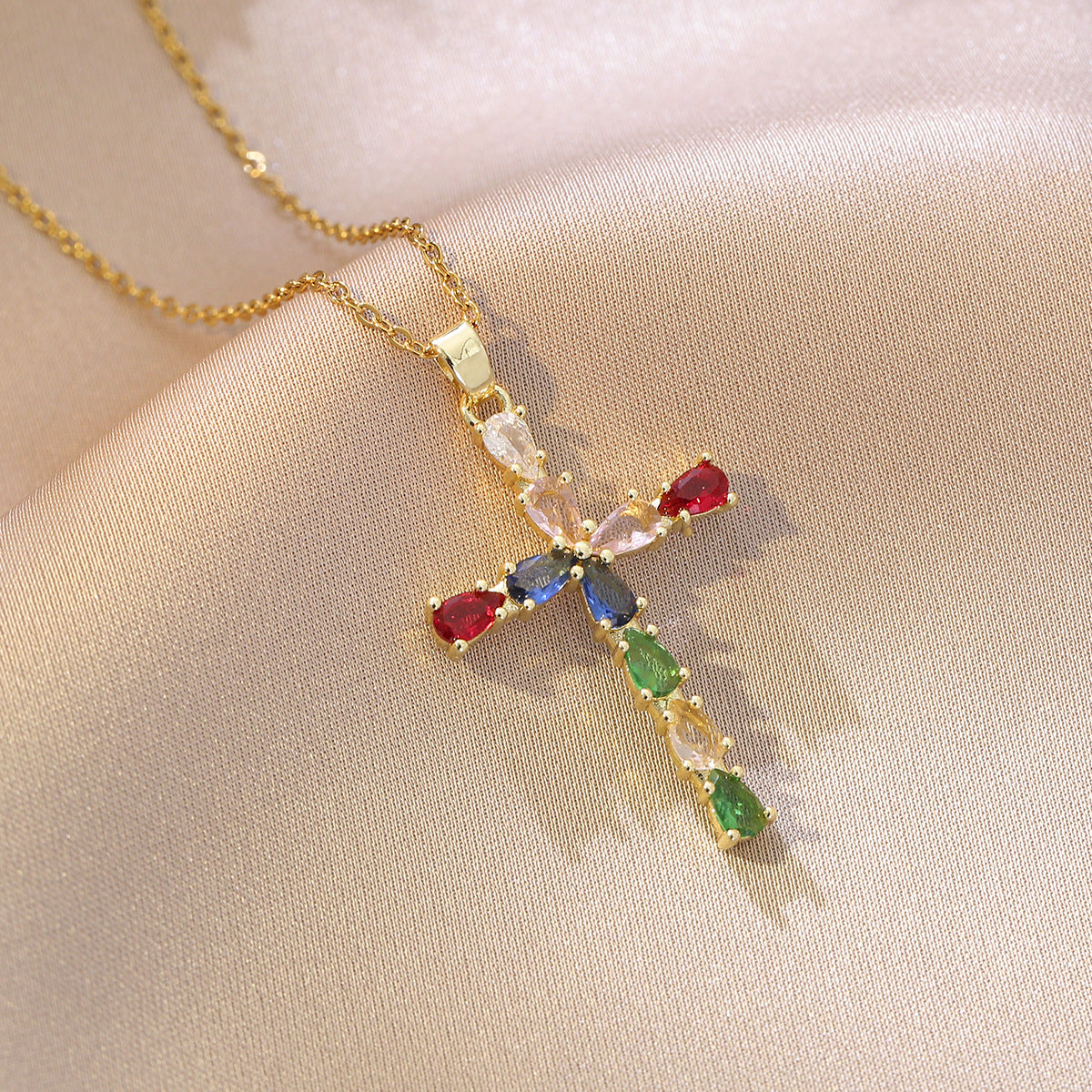 Women’s Elegant Cross Necklace Titanium Steel CZ Inlay