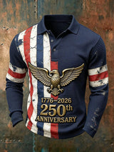 Men'S Casual Long-Sleeved Polo Shirt With American 250th Anniversary Commemorative Print.