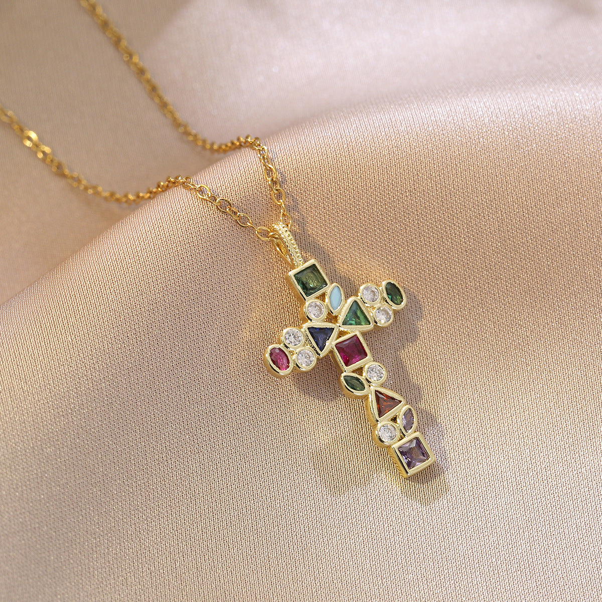 Women’s CZ Inlay Cross Pendant Necklace in Titanium Steel