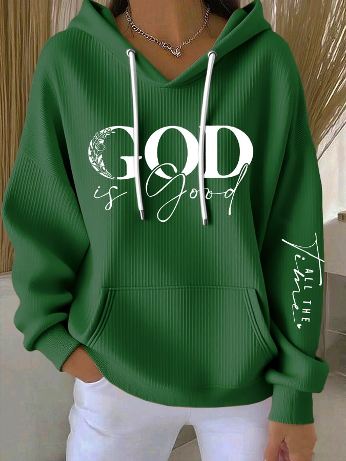 Women's casual retro God is good faith ribbed Hoodie