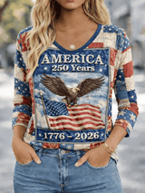 Women's 250th Anniversary American Art Print V-Neck Long Sleeve Top