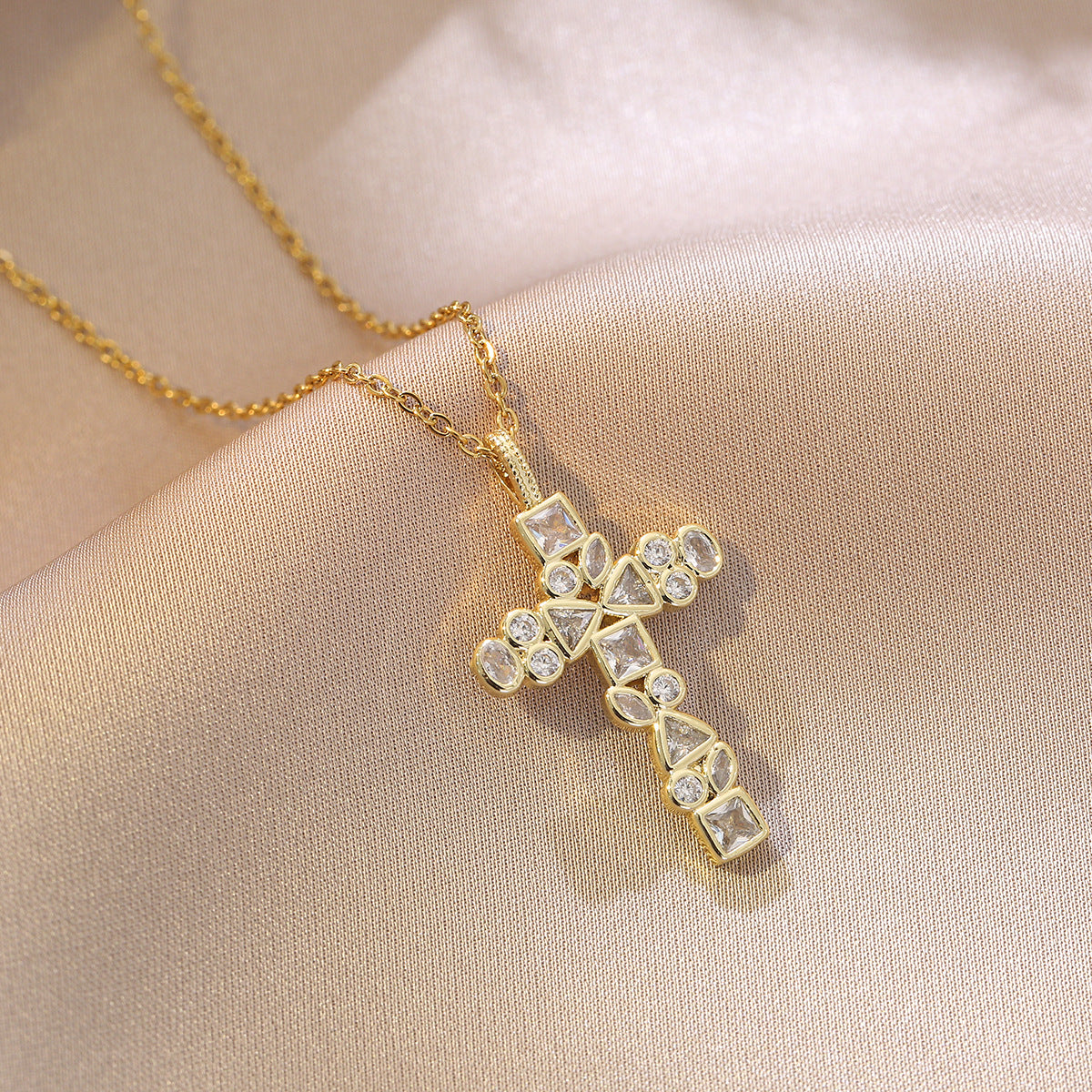 Women’s CZ Inlay Cross Necklace Titanium Steel with Copper Pendant