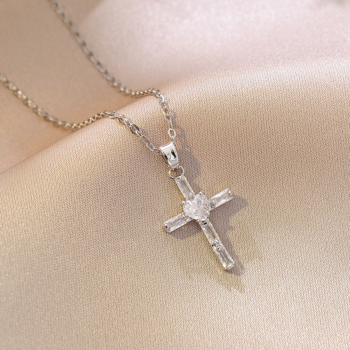 Women’s Titanium Steel CZ Inlay Cross Necklace Copper Pendant