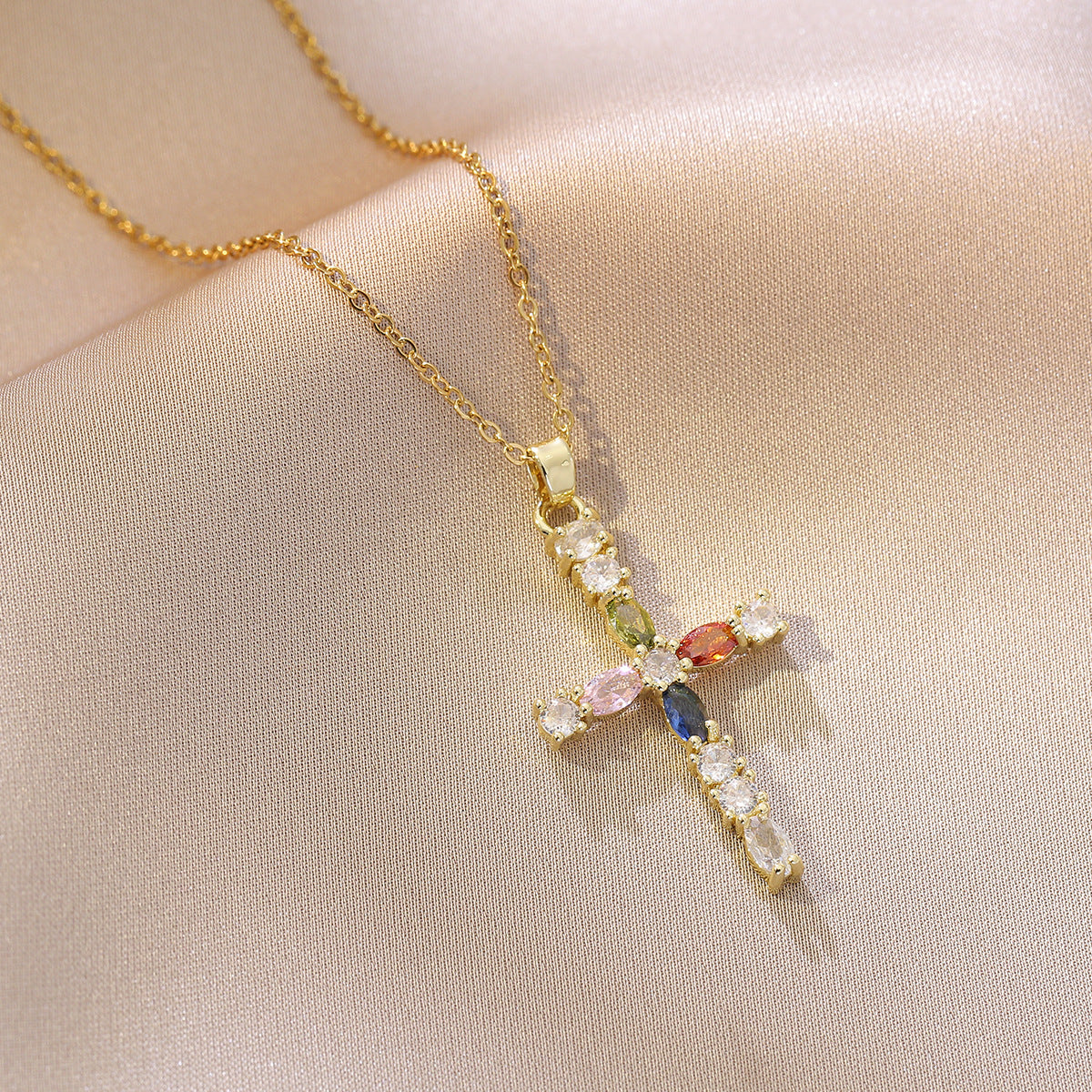 Women’s Cross Pendant Necklace Titanium Steel with CZ Inlay