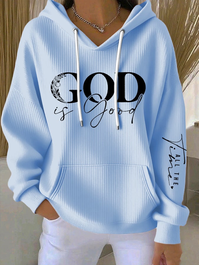 Women's casual retro God is good faith ribbed Hoodie