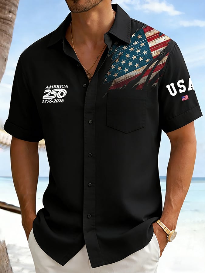 Men's 250th Anniversary National Flag Print Casual Pockets Shirt
